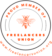 A circular logo in orange-red font with a thin, dark blue circle. "Proud member of" curves over the top with "Freelancer's Union" at the bottom. In the center of the circle is a stylized orange bee. The website, freelancersunion.org, curves upward at the bottom of the logo under the circle.